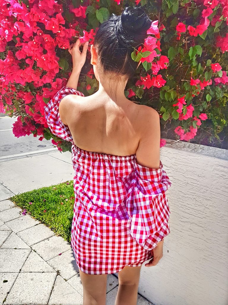 Spring fashion trend styles MLM pillar cute red dress bubble sleeves off shoulder gingham cute colorful dresses off shoulder flowers