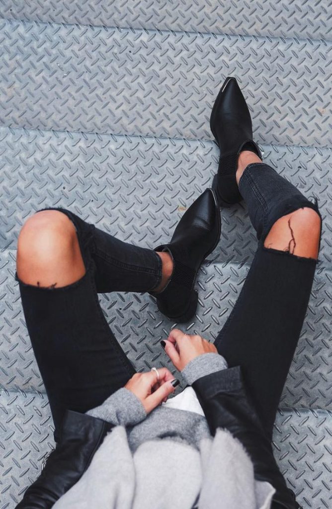 3x1 black distressed destroyed ripped skinny jeans and boots spring fashion blog