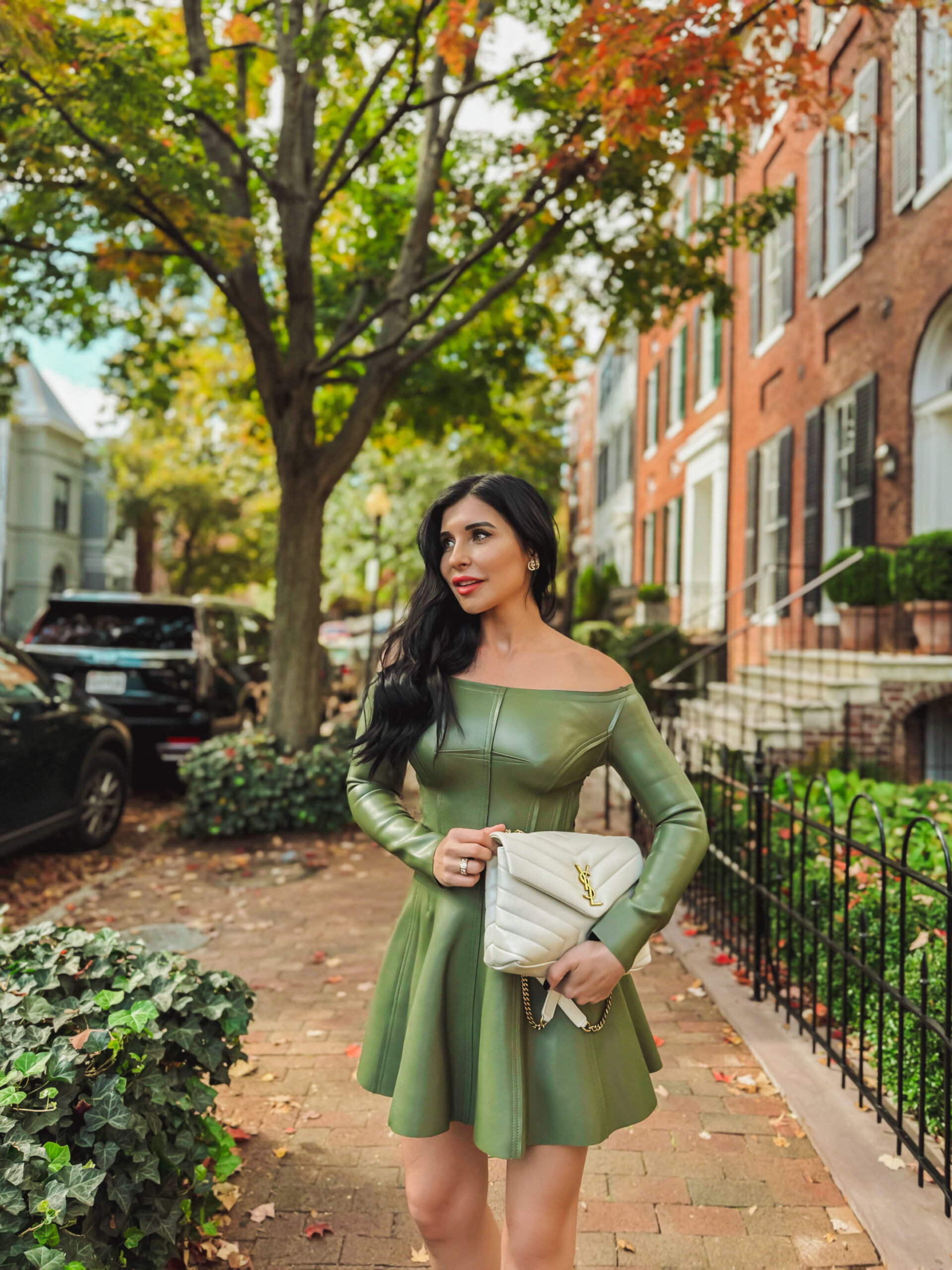 Revolve green leather dress fall fashion style in Washington DC