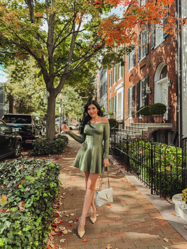 Revolve green leather dress fall fashion in Washington DC